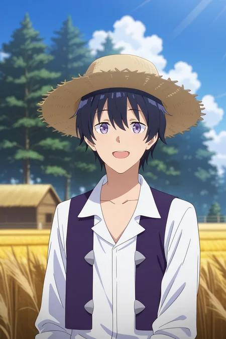 masterpiece, best quality, amazing quality, very aesthetic, high resolution, ultra-detailed, absurdres, newest, scenery, volumetric lighting, depth of field,anime screencap, , , 1boy, solo, male focus, <lora:hikaru:0.88>,hiraku machio,light purple eyes,black hair,short hair,bangs,hair between eyes,smile, shirt, hat, open mouth, collarbone, white shirt, upper body, outdoors, sky, collared shirt, day, cloud,farming, blurry, vest, blue sky, tree, blurry background, straw hat,looking at viewer