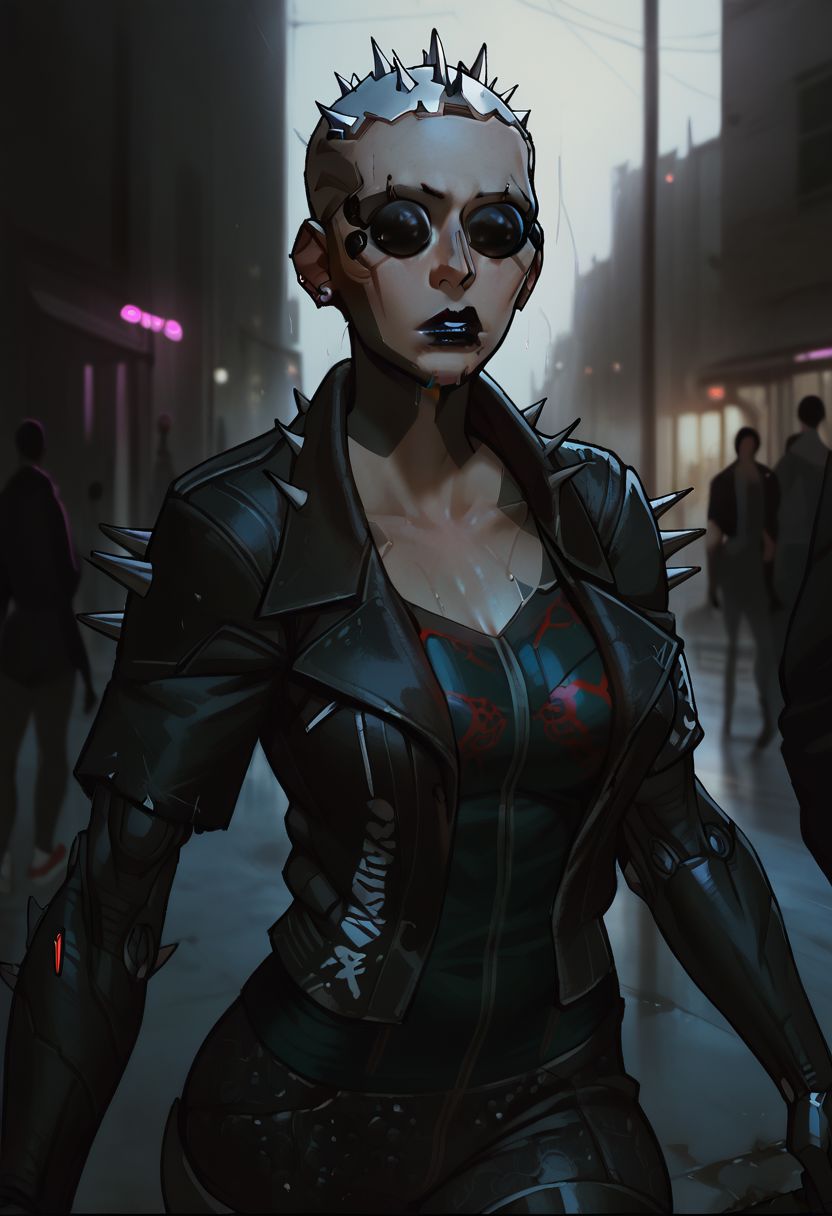 score_9, score_8_up,score_7_up, score_6_up, score_5_up, score_4_up,
BREAK, 1girl, metal scalp with spikes, cybernetic spider eyes, matte black cybernetic arms, light skin, black block tattoos, glossy black lipstick, spiked leather jacket, black sequined pants, red and silver sneakers,
BREAK, walking, cowboy shot, rainy city street, neon signs, wet pavement, blurred city lights, futuristic buildings, urban setting, night time, moody atmosphere, glowing streetlights, cyberpunk style, bustling background,
BREAK, aesthetic, wallpaper, high quality, upper body, bright colors, high contrast, dark background, vivid lighting,