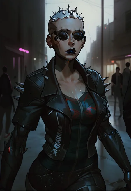 score_9, score_8_up,score_7_up, score_6_up, score_5_up, score_4_up,
BREAK, 1girl, metal scalp with spikes, cybernetic spider eyes, matte black cybernetic arms, light skin, black block tattoos, glossy black lipstick, spiked leather jacket, black sequined pants, red and silver sneakers,
BREAK, walking, cowboy shot, rainy city street, neon signs, wet pavement, blurred city lights, futuristic buildings, urban setting, night time, moody atmosphere, glowing streetlights, cyberpunk style, bustling background,
BREAK, aesthetic, wallpaper, high quality, upper body, bright colors, high contrast, dark background, vivid lighting,