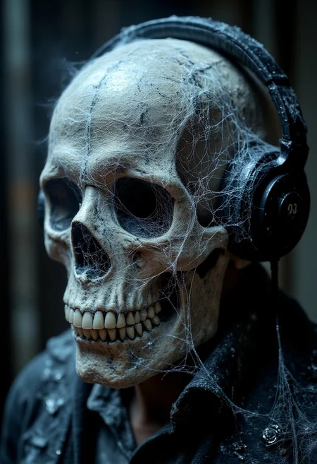 a skull wearing headphones covered with spiderwebs, hyper realistic, detailed fantasy background