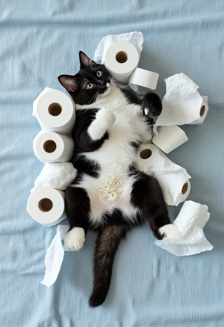 olor photograph featuring a black and white cat lying on its back on a light blue, textured fabric surface. The cat's fur is predominantly black with white patches on its chest, stomach, and face. It is surrounded by multiple rolls of white toilet paper, each roll placed strategically around its body. One roll is positioned near its head, another near its front legs, and two more rolls are placed near its hind legs. The cat's tail is visible, curling slightly upwards. The background is plain and neutral, focusing all attention on the cat and its unusual arrangement of toilet paper. The texture of the cat's fur appears soft and fluffy, contrasting with the smooth, paper-like texture of the toilet paper. The lighting is even, providing clear visibility of the cat's features and the toilet paper rolls. The overall mood of the image is humorous and playful, capturing a whimsical and unexpected scene., <lora:aidmaImageUpraderv0.3:0.4>, aidmaimageupgrader, <lora:diffusion_pytorch_model:1>, <lora:aidmaMJ6.1_v0.5_3:0.7>, aidmaMJ6.1, ultra quality, ultra detailed, intricate details