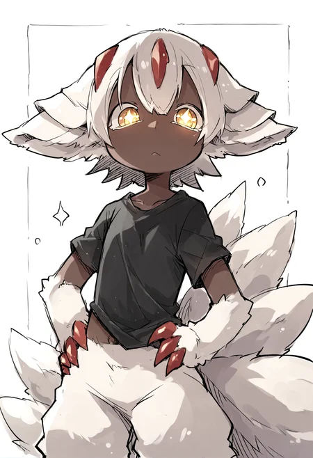 (score_9, score_8_up), score_7_up, score_6_up, score_5_up, score_4_up, Faputa, 1girl, dark skin, dark-skinned girl, white hair, short hair, 4arms, red claws, multiple tails, yellow eyes, white fur, animal ears, ((black shirt)), crossed arms, hands on hips, standing, bottomless, sparkling eyes, white background, <lora:Faputa_XL_Pony_Revision:1> <lora:nomeoil:1> sketch
