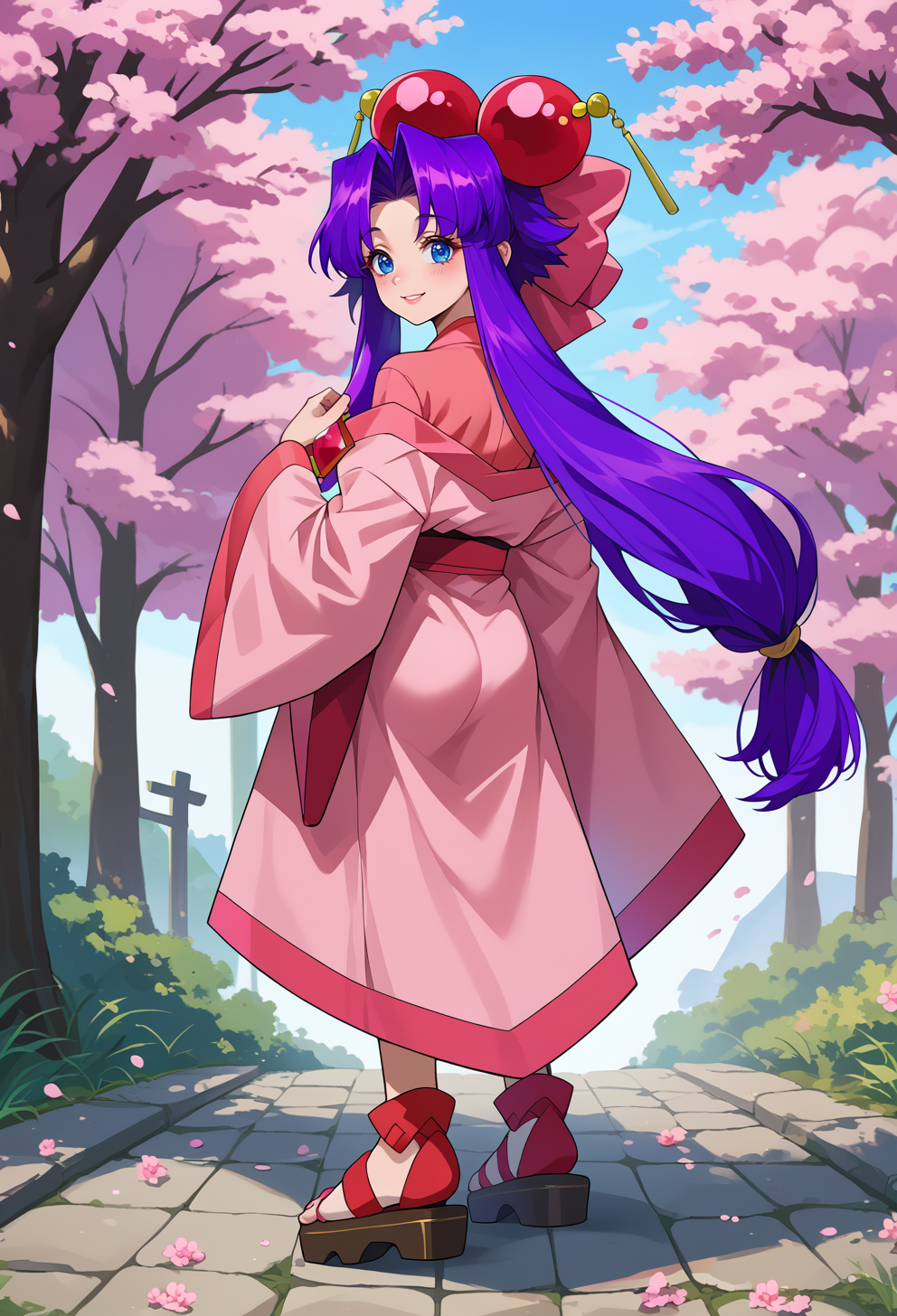 score_9, score_7_up, source_anime, BREAK  <lora:AECherry-000009:0.9> AECherry, blue eyes, purple hair, very long hair, low-tied long hair, hair bow, hair ornament, huge bow, pink bow, gem, japanese clothes, kimono, long sleeves, wide sleeves, pink dress, pink kimono, wide sleeves, off-shoulder dress,
smile, full body, looking back, twisted torso, cherry blossoms,