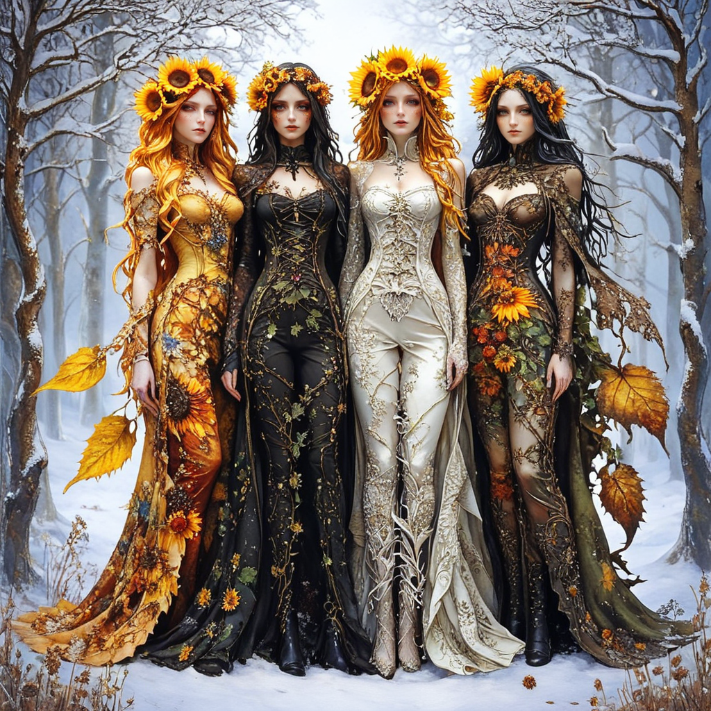 <lora:Ethereal_Gothic_RenaissanceSDXL:1> ArsMJStyle, Etherial Gothic,four women representing the seasons, each dressed in richly detailed garments. They stand intertwined with the natural elements of their seasons  spring blossoms, summer sunflowers, autumn leaves, and winter snowflakes.