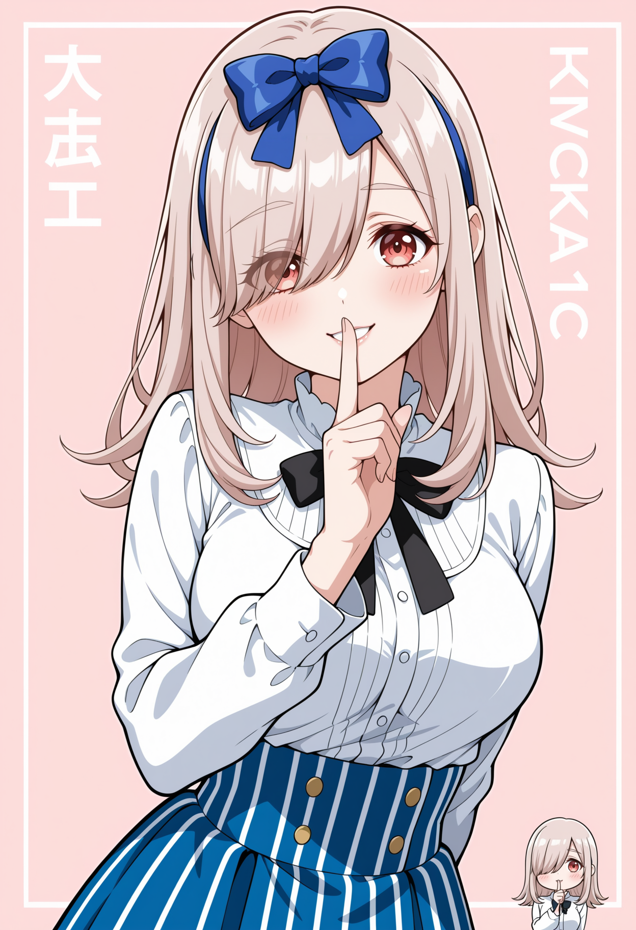masterpiece,best quality,amazing quality,anime coloring, flat colors,
<lora:NoobV065sHyperDmd:.5>
 <lora:ai_mochizuki_meipaws:.9>
1girl,solo, vertical-striped skirt, finger to mouth, hair over one eye, hair bow, white shirt, long hair, blue skirt, shushing, vertical-striped clothes,  smile, blue bow, long sleeves, looking at viewer, solo focus, blush, neck ribbon, black bowtie, index finger raised, red eyes, arm behind back, breasts, pink background, brown hair, one eye covered, bow hairband, bowtie, parted lips, hand up, high-waist skirt, character name, swept bangs, upper body