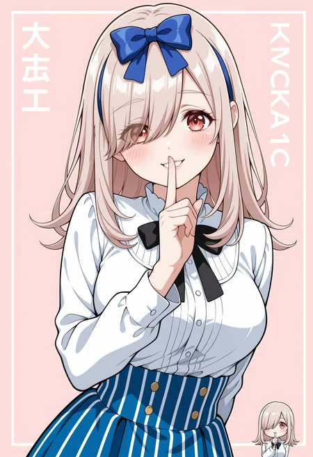 masterpiece,best quality,amazing quality,anime coloring, flat colors,
<lora:NoobV065sHyperDmd:.5>
<lora:ai_mochizuki_meipaws:.9>
1girl,solo, vertical-striped skirt, finger to mouth, hair over one eye, hair bow, white shirt, long hair, blue skirt, shushing, vertical-striped clothes, smile, blue bow, long sleeves, looking at viewer, solo focus, blush, neck ribbon, black bowtie, index finger raised, red eyes, arm behind back, breasts, pink background, brown hair, one eye covered, bow hairband, bowtie, parted lips, hand up, high-waist skirt, character name, swept bangs, upper body