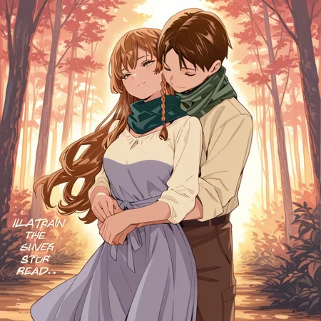 highres,ultra-detailed,illustration,colorful,masterpiece,extremely detailed,8k , manga art style , single panel , (1girl with silver braided hair, flowing teal dress, serene expression) , (1boy with warm brown curls, ivory shirt, forest-green scarf) , boy embraces girl gently from behind , kisses neck , soft lighting , absurdes
