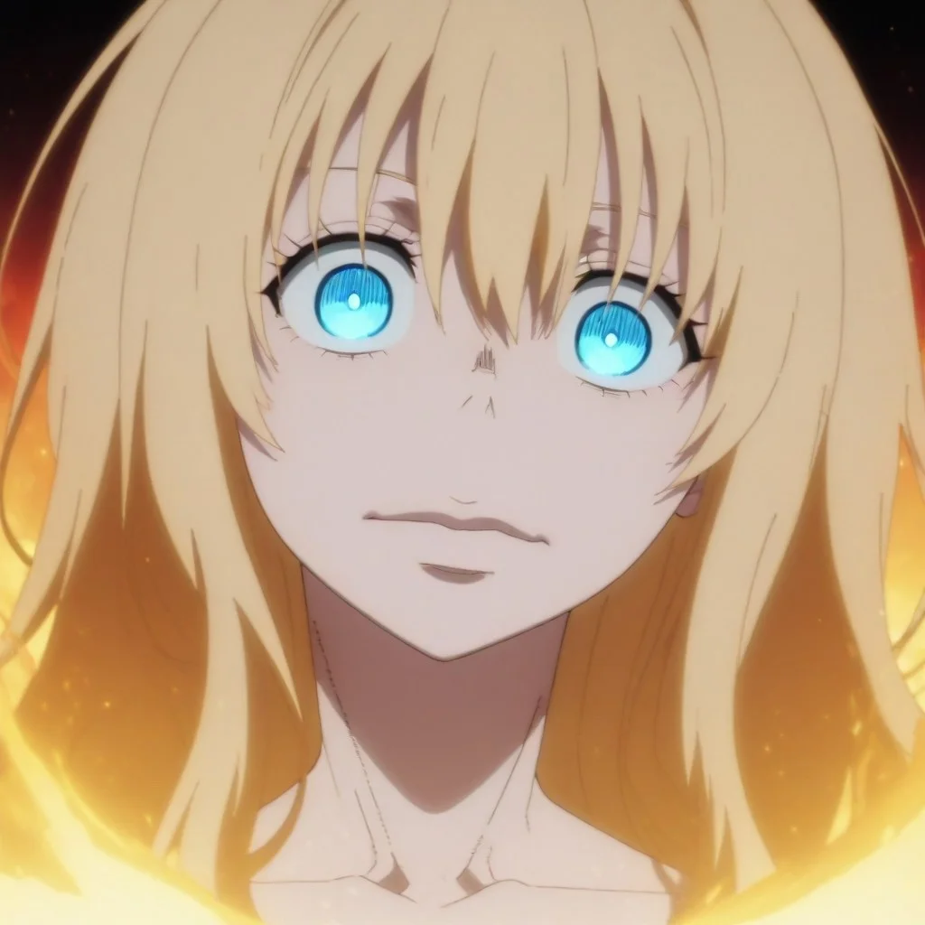 score_9, score_8, score;7, masterpiece, PillarAmaterasu, blonde hair, blue eyes, long hair, fire, portrait, anime screencap, source_anime