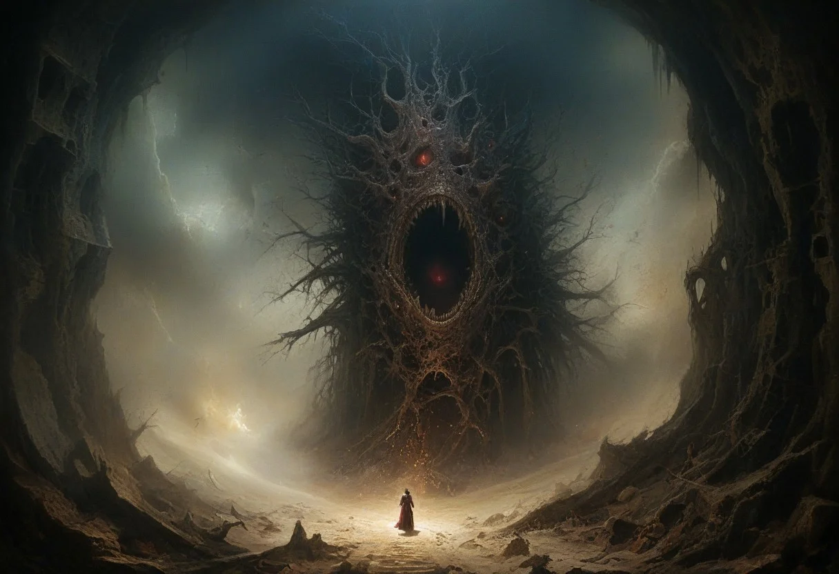 Surrealism art inspired by Zdzisław Beksiński and Hieronymus Bosch.
In a cathedral of jagged, blackened stone, grotesque faces writhe within the walls, frozen in expressions of agony. Shattered stained-glass windows bleed crimson and violet light, casting warped shadows onto a fractured hourglass at the center of the room. Its jagged edges spill glowing sand in violent bursts, each grain a fragment of chaotic time. Beneath it, a man and a woman stand, their hands bound by writhing veins of living shadow. His hollow gaze and her flickering beauty contrast with the pulsing darkness around them, their forms caught between despair and fragile hope.
On one side, an abyss of swirling memories consumes the floor, filled with grotesque figures tearing at one another, their bodies twisting into spiked vines that creep toward the couple. Among the chaos, a single golden moment flickers: the man lifting the woman in an act of redemption, their embrace radiating light that temporarily halts the vines. Yet the abyss churns faster, its tendrils clawing for dominance.
