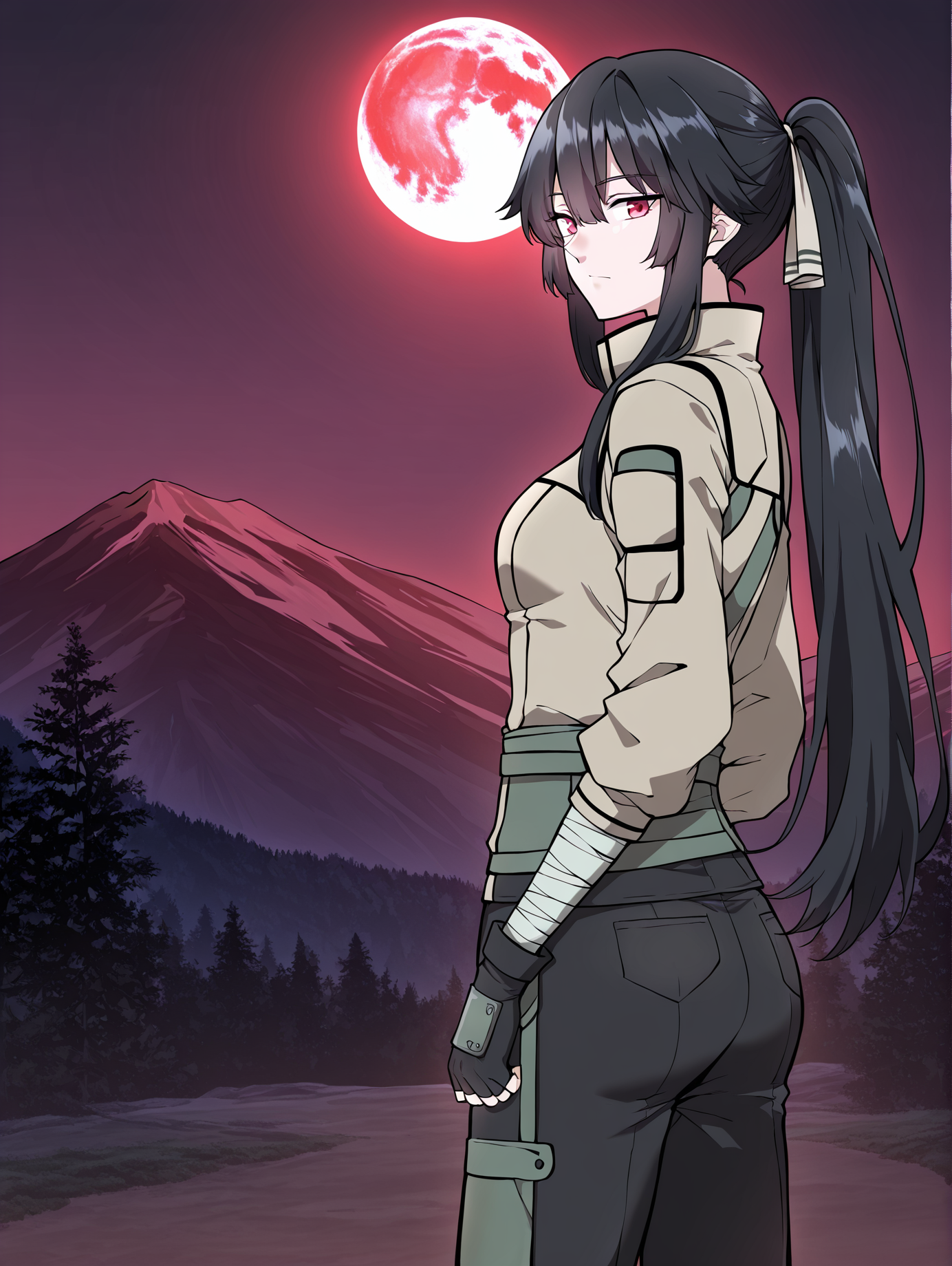 <lora:Jasmine_Flamesworth__The_Beginning_After_the_End__Illustrious:1>
1 girls, solo, red eyes, black hair, long hair, ponytail, bangs, hair between eyes, sidelocks, small breasts
brown jacket, greeb ribbon, fingerless gloves, long sleeves, black pants, black boots, bandages
score_9, score_8_up, score_7_up, source anime, BREAK, cowboy shot, (from side), looking back, looking at viewer, overlooking mountain, high altitude, scenery, exterior, background, (solo), red moon, night