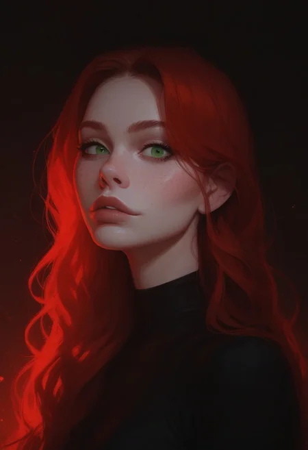 score_9, score_8_up, score_7_up, Expressiveh, very aesthetic, girl, red hair, long hair, green eyes, freckles, pale skin, small breasts, face focus, tight black dress, portrait, looking at viewer, sexy, hot, bokeh:1.2,