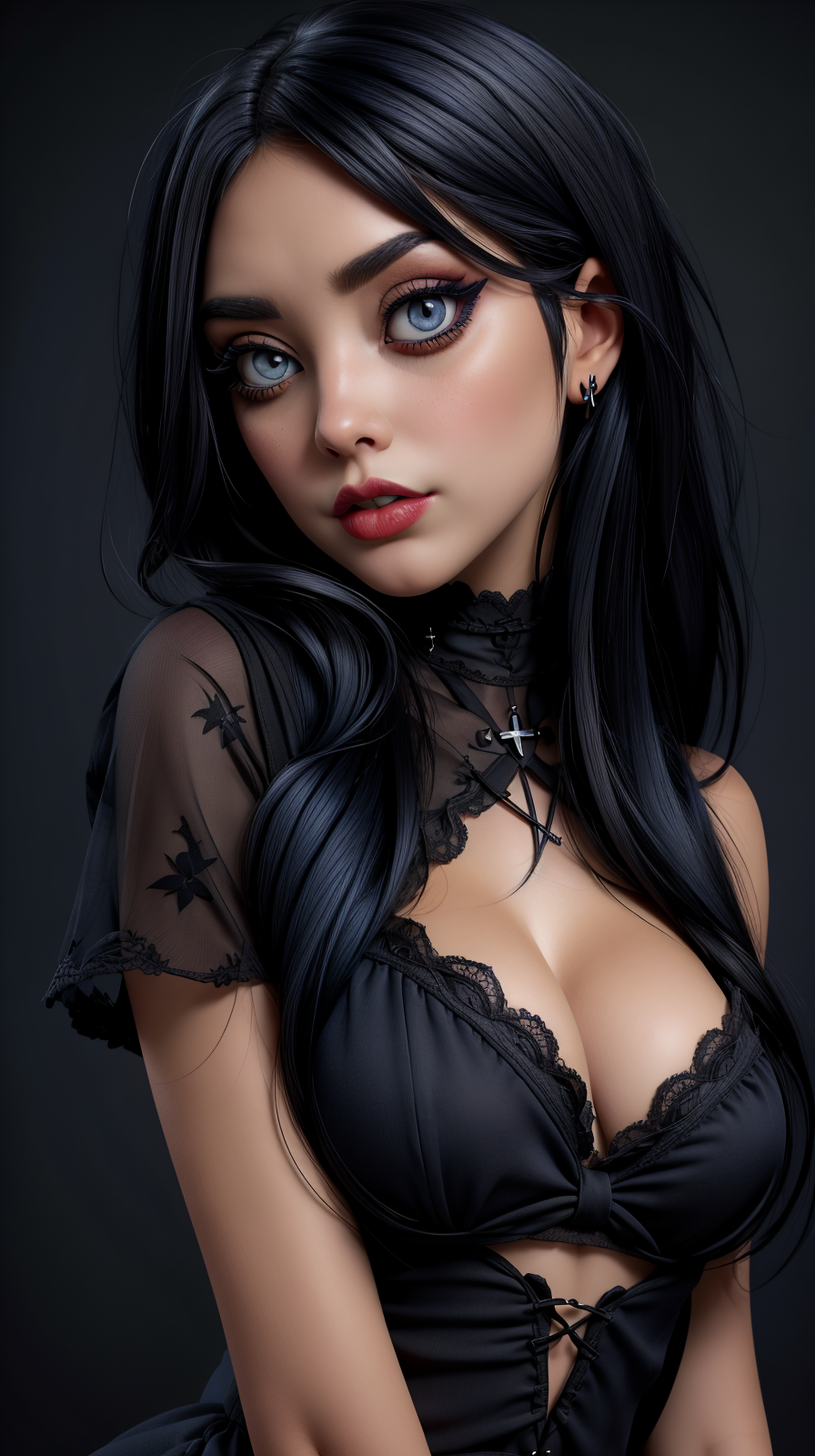 <lora:Diane_Sparks:1> black hair, grey eyes, eyeliner, gothic makeup, full lips, solo, upper body, looking at viewer, black dress, blue background, simple background, <lora:LORA-XenoDetailer-v2:1>