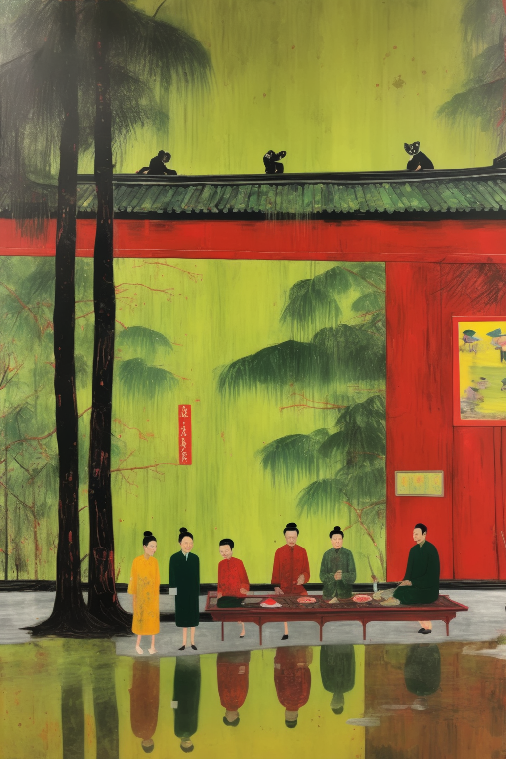 <lora:Peter Doig Style:1>Peter Doig Style - A painting by peter doig about Chinese life in 2018 Beijing.