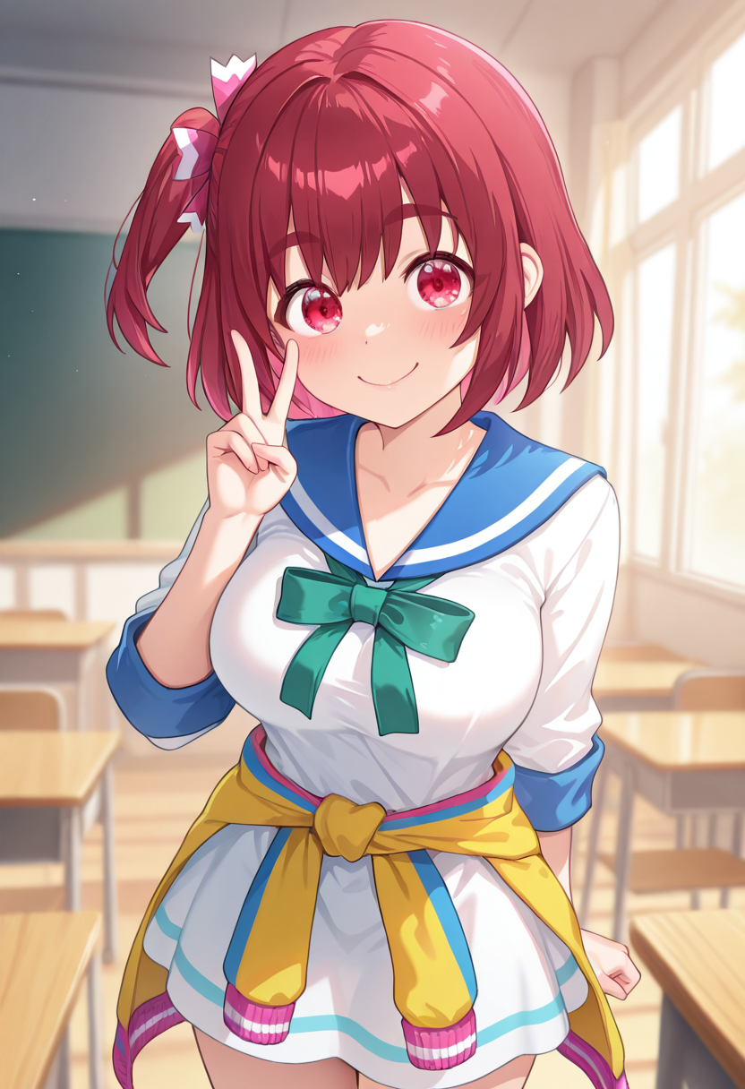 1girl,solo,<lora:nadeshikoil:0.9>,igarashi_nadeshiko,red eyes,short hair,one side up,red hair,ribbon,dress,sailor dress,clothes around waist,blue sailor collar,looking_at_viewer,cowboy_shot,smile,v,day,classroom,incredibly absurdres,masterpiece,best quality,good quality,newest,