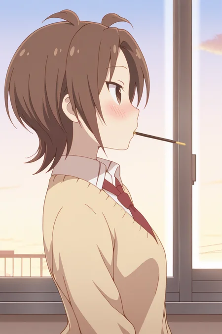 masterpiece, best quality, amazing quality,
<lora:Yuzu_IL:1> yuzu, 1girl, solo, pocky, brown hair, school uniform, brown eyes, necktie, short hair, blush, window, sky, profile, sweater