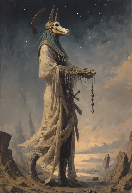 ((score_9, score_8_up, score_7_up)), (high contrast), (flat shapes), vertical lines, oil painting, realistic, grimdark, An enigmatic figure of an old god, (golden mask is shape of crocodile skull, animal skull mask), white skin, covered in coins, holding balancing scales, metallic, ((jewelry)), ((dangling beads:1.2)). Ancient mystique. Holding huge ancient bronze machete, gesturing hands, bare feet, clawed feet, Egyptian. surreal background, under a dark starry sky. The style of a vintage, high-contrast setting. Emphasize theatrical elements, extreme contrast of bright colors against dark, moody backgrounds, ph4nt0m01l, , style-empire, hand