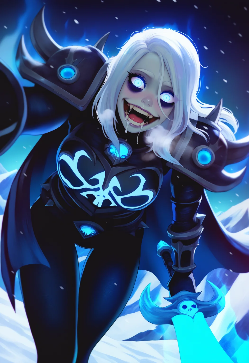 best quality, amazing quality, very aesthetic, absurdres,
BREAK
1girl,solo,(death knight:1.2),(armor:1.2),zombie,glowing eyes,aura,blue eyes,warcraft,pale skin,skull armor,frost magic,
(runeblade:1.2),holding sword,glowing sword,white hair,long hair,looking at viewer,leggings,cape,pov,outdoors,glacier,tundra,snow,mountains,night,horror,dark theme,black theme,muscular female,(foreshortening:1.2),dutch angle,leaning forward,crazy,bags under eyes,close-up,drool,saliva,heavy breathing, <lora:Magion02NoobLocon_byKonan:1>