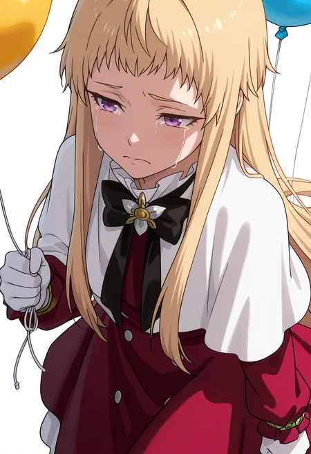 Smooth Quality,masterpiece,very intricate, high quality details, ultra realistic, high detailed skin,detailed enviorement,absurdres,
simple background, white background,solo,
walking, arms swinging, relaxed shoulders, looking forward, natural movement,  ,from above,sobbing,frown, 
blazer, ,sleeveless shirt, ,balloon skirt,  , 
<lora:Mariabell_Rosso_cnn:0.8> maricnn,1girl, long hair, blonde hair, purple eyes, frown, very long hair,red dress, long sleeves,white capelet,black bowtie,white gloves,
