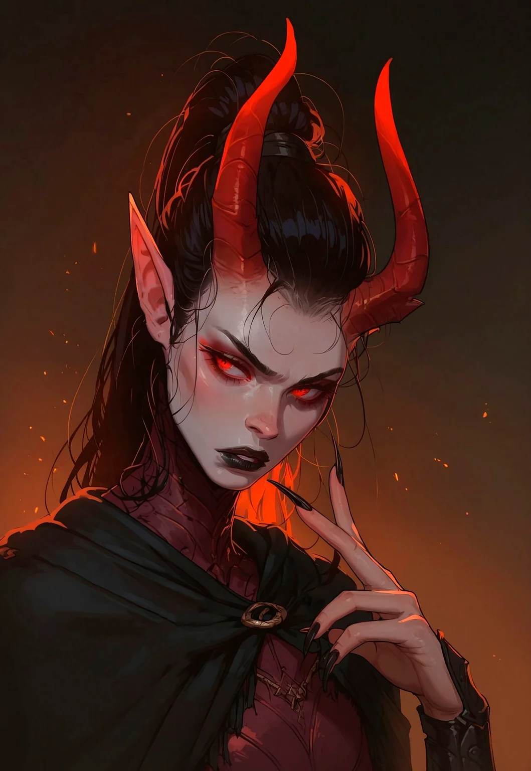 score_9, score_8_up, score_7_up, outdoors, rimlight, solo, 1girl, demon girl, horns, black hair, ponytail, black lipstick, pale skin, grey skin, pointy ears, red eyes, red nose, long nails, black nails, black cape, armor, slim fit, looking away, parted lips