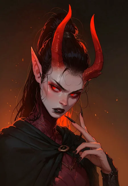 score_9, score_8_up, score_7_up, outdoors, rimlight, solo, 1girl, demon girl, horns, black hair, ponytail, black lipstick, pale skin, grey skin, pointy ears, red eyes, red nose, long nails, black nails, black cape, armor, slim fit, looking away, parted lips