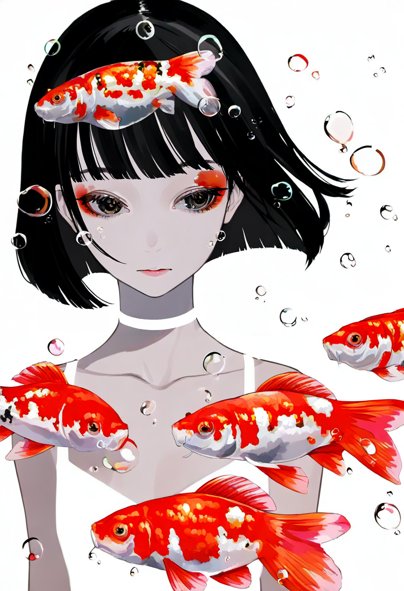 1girl, fish, goldfish, solo, short hair, black hair, white background, koi, bob cut, bangs, bubble, simple background, upper body, choker, makeup, white choker, parted lips, collarbone, blunt bangs, black eyes, air bubble <lora:LAMXL_NBVP1_lokr_V6311PZ:0.95>