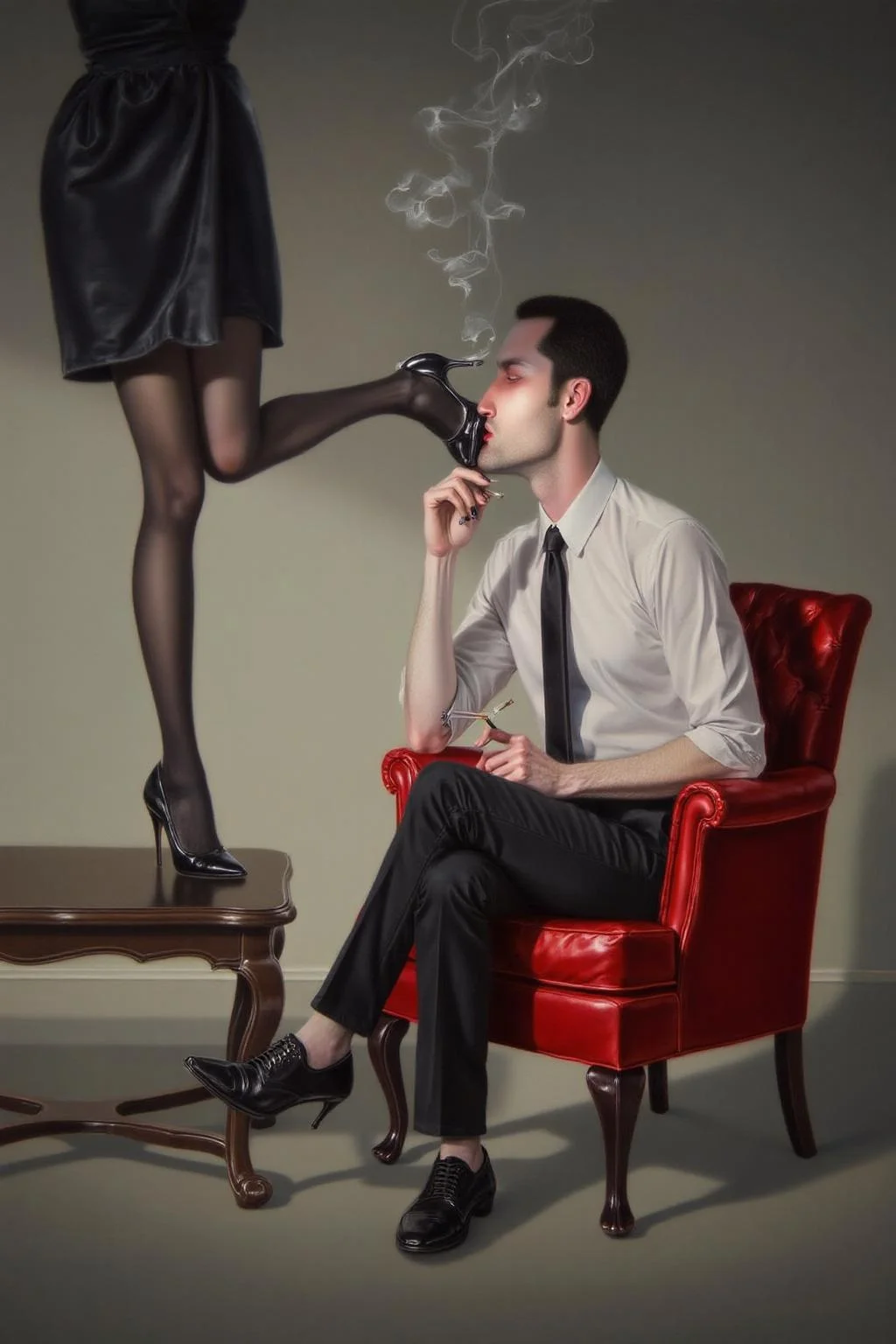 troybrooks1 painting.
jackvettriano1. A seated man kissing the raised foot of a woman. On the left is the man, shown in side profile, in a white shirt and black trousers with a tie, seated in a red chair, holding a cigarette in one hand. On the left is the lower body of the woman in a black dress with stockings and high heels stands on top of a coffee table with one foot raised <lora:troybrooks1_cap_d8a4e10:1.0><lora:854684988795277783:0>