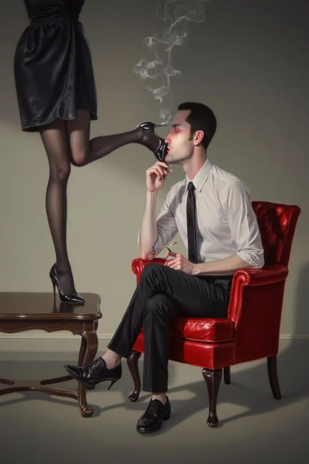 troybrooks1 painting.
jackvettriano1. A seated man kissing the raised foot of a woman.  On the left is the man, shown in side profile, in a white shirt and black trousers with a tie, seated in a red chair, holding a cigarette in one hand.  On the left is the lower body of the woman in a black dress with stockings and high heels stands on top of a coffee table with one foot raised <lora:troybrooks1_cap_d8a4e10:1.0><lora:854684988795277783:0>