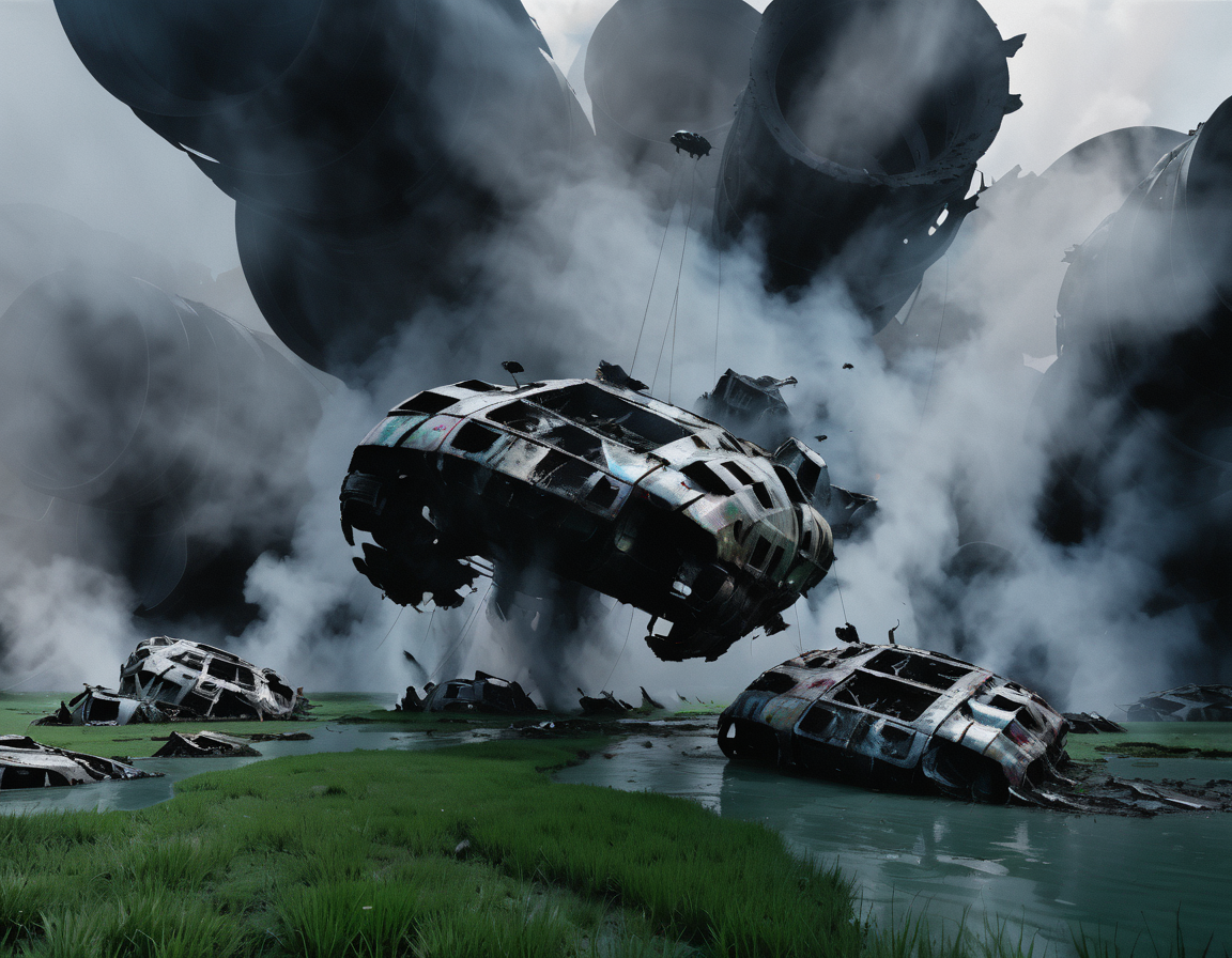 <lora:wkas:0.6>wkas, iridescent oil slick, grass, people, crashed spaceships being carried off by drones, massive technological ruins, smoke