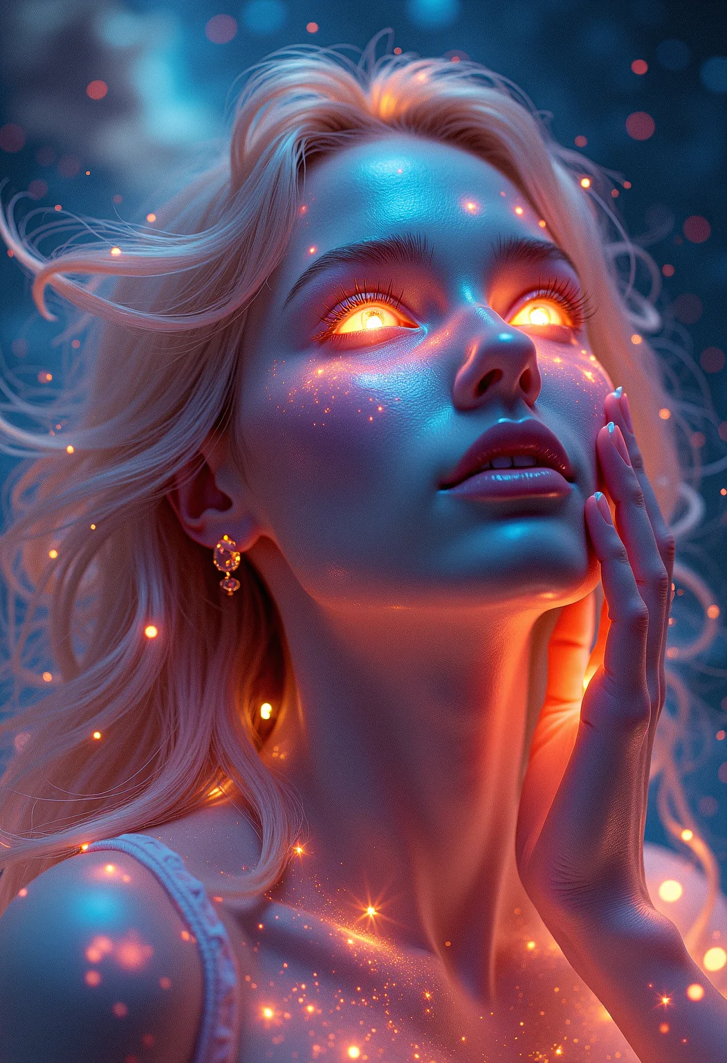 a close-up shot of an ethereal star woman with eyes body and face glowing like galaxies, surrounded by swirling, vibrant cosmic colors, vibrant star planet, ultra-detailed and photorealistic rendering, soft ambient lighting, starry nebulae in the background, dynamic and radiant color gradients, glowing reflections, cinematic composition, surreal and otherworldly atmosphere, intricate facial features, flowing hair infused with cosmic energy, luminous and ethereal, celestial radiance, soft yet detailed textures, otherworldly beauty
looking up, fingers to cheeks,