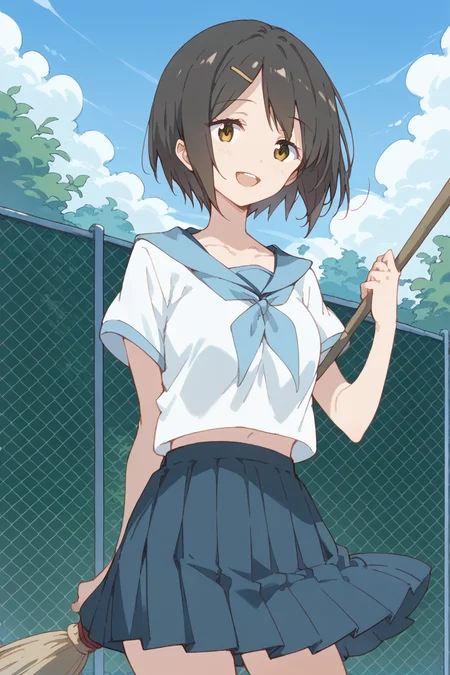 score_9, score_8_up, score_7_up, score_6_up,
 <lora:Kaede_Ikeno:1> kaede, 1girl, solo, school uniform, short hair, black hair, serafuku, open mouth, fence, broom, smile
