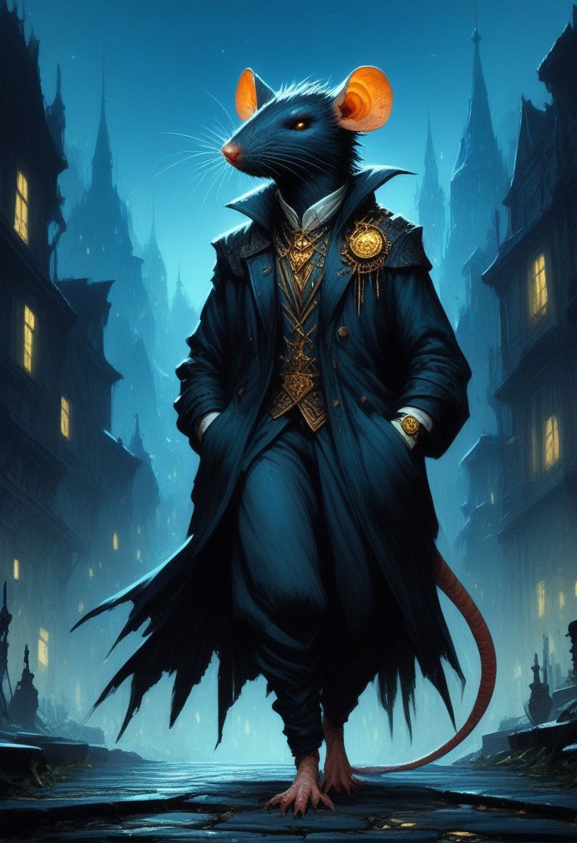 BREAK score_9, score_8_up, score_7_up,  night time, city, ominous, rat, top hat, cloak, smug, hands in pockets, gold ring, pocket watch, walking cane, full body shot, (tail: 1.5)
(masterpiece, best quality, ultra detailed, intricate details:1.2), (detailed face:1.1), (rat folk:1.5) <lora:RPGRatFolkXL:1>