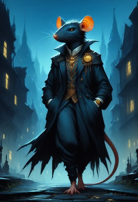 BREAK score_9, score_8_up, score_7_up, night time, city, ominous, rat, top hat, cloak, smug, hands in pockets, gold ring, pocket watch, walking cane, full body shot, (tail: 1.5)
(masterpiece, best quality, ultra detailed, intricate details:1.2), (detailed face:1.1), (rat folk:1.5) <lora:RPGRatFolkXL:1>