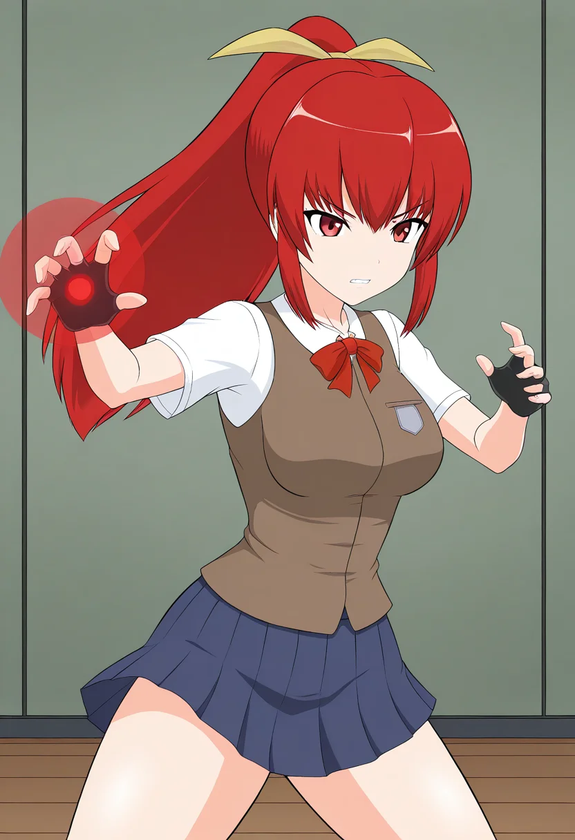 1girl, solo, satsukirindorival, red hair, ponytail, hair ribbon, red eyes, shirt, short sleeves, vest, breasts, skirt, fingerless gloves, school uniform, indoors, fighting stance, clenched teeth, serious, red energy sphere, glowing hands, cowboy shot