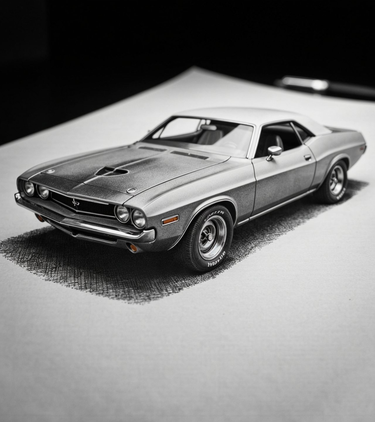 closeup photography of an ink sketch of an American 1960s muscle car. on construction paper. (intricate paper texture). (paper viewed at a low closeup angle). (dim angled light that highlights the texture of the thick construction paper). [[[chiaroscuro]]], 3d perspective, car looks like it's on top of the  paper