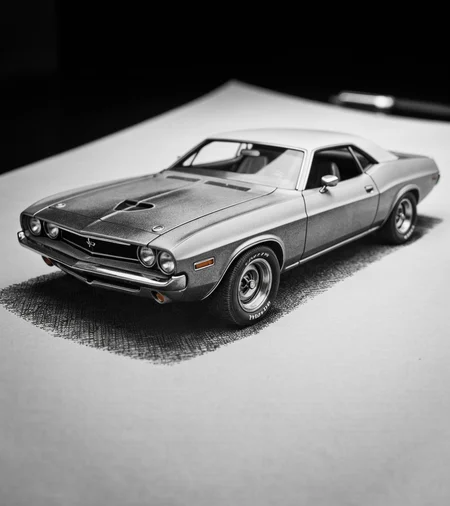 closeup photography of an ink sketch of an American 1960s muscle car. on construction paper. (intricate paper texture). (paper viewed at a low closeup angle). (dim angled light that highlights the texture of the thick construction paper). [[[chiaroscuro]]], 3d perspective, car looks like it's on top of the  paper