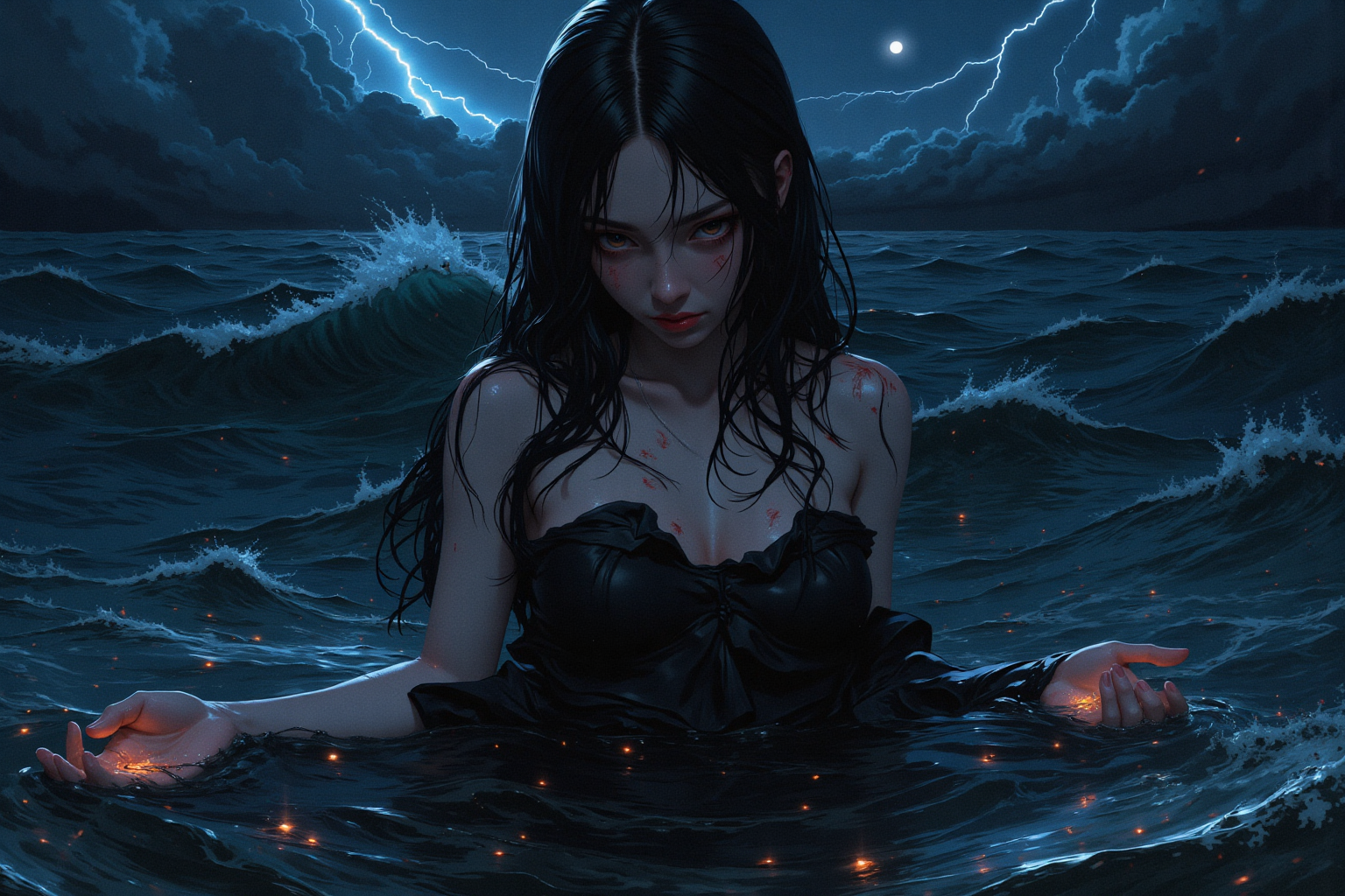 A **stunning young woman** stands alone in the middle of a vast, dark ocean, the water rising around her as if trying to pull her under. Her **deep, sorrowful eyes stare directly at the viewer**, filled with a silent plea for rescue, for relief, for something to hold onto. Her expression is breathtaking—**a mixture of pain, longing, and quiet resilience**, as if she’s been fighting an invisible battle for far too long.  

Her **long, jet-black hair clings to her pale, delicate skin**, soaked by the relentless waves crashing around her. Her lips, slightly parted, tremble as if whispering a final prayer. The **moonlight casts an eerie glow on her**, illuminating the fragile beauty of her features while the stormy sky above rumbles with unseen fury.  

She wears a flowing, **torn black dress**, its fabric drifting weightlessly in the water, **symbolizing the struggle between sinking and survival**. The fabric wraps around her like shadows, but beneath it, faint scars are visible—**reminders of battles fought, wounds left unseen, and pain buried deep inside**.  

The storm brews around her—**dark clouds swirling above**, lightning illuminating the night for a split second before everything fades back into darkness. The water reflects the sky’s chaos, shifting between inky black and deep, restless blue.  

She **slowly sinks**, her arms outstretched just below the surface, as if reaching for something—**someone—to pull her back from the edge**. Her hands tremble, fingertips barely visible beneath the cold water. Tiny **glowing embers** swirl around her, remnants of a fire long extinguished, **floating like shattered pieces of a broken soul.**  

A **silent storm rages within her**, louder than the crashing waves—**a battle between surrender and survival, between letting go and holding on**. She is on the verge of disappearing into the abyss, yet her gaze lingers, desperate for salvation.  

A **breathtaking, ultra-detailed, hyper-realistic 8K resolution** portrait, capturing **dark beauty, raw emotion, and haunting intensity**. **Cinematic lighting, dramatic stormy atmosphere, ethereal yet tragic aesthetic, infused with deep sorrow and resilience.**  


Art in the style of Yomu_Yakadashi.

EpicGorgeousDetails, cinna flow, 8k detailed neon themed digital illustration style, 8uartz4r4
