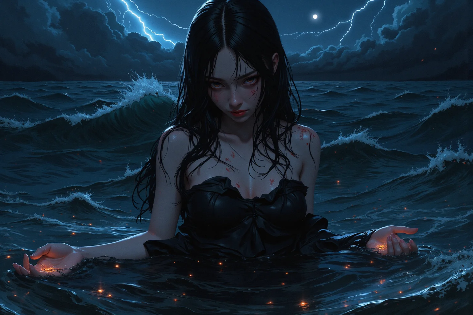 A **stunning young woman** stands alone in the middle of a vast, dark ocean, the water rising around her as if trying to pull her under. Her **deep, sorrowful eyes stare directly at the viewer**, filled with a silent plea for rescue, for relief, for something to hold onto. Her expression is breathtaking—**a mixture of pain, longing, and quiet resilience**, as if she’s been fighting an invisible battle for far too long.
Her **long, jet-black hair clings to her pale, delicate skin**, soaked by the relentless waves crashing around her. Her lips, slightly parted, tremble as if whispering a final prayer. The **moonlight casts an eerie glow on her**, illuminating the fragile beauty of her features while the stormy sky above rumbles with unseen fury.
She wears a flowing, **torn black dress**, its fabric drifting weightlessly in the water, **symbolizing the struggle between sinking and survival**. The fabric wraps around her like shadows, but beneath it, faint scars are visible—**reminders of battles fought, wounds left unseen, and pain buried deep inside**.
The storm brews around her—**dark clouds swirling above**, lightning illuminating the night for a split second before everything fades back into darkness. The water reflects the sky’s chaos, shifting between inky black and deep, restless blue.
She **slowly sinks**, her arms outstretched just below the surface, as if reaching for something—**someone—to pull her back from the edge**. Her hands tremble, fingertips barely visible beneath the cold water. Tiny **glowing embers** swirl around her, remnants of a fire long extinguished, **floating like shattered pieces of a broken soul.**
A **silent storm rages within her**, louder than the crashing waves—**a battle between surrender and survival, between letting go and holding on**. She is on the verge of disappearing into the abyss, yet her gaze lingers, desperate for salvation.
A **breathtaking, ultra-detailed, hyper-realistic 8K resolution** portrait, capturing **dark beauty, raw emotion, and haunting intensity**. **Cinematic lighting, dramatic stormy atmosphere, ethereal yet tragic aesthetic, infused with deep sorrow and resilience.**
Art in the style of Yomu_Yakadashi.
EpicGorgeousDetails, cinna flow, 8k detailed neon themed digital illustration style, 8uartz4r4