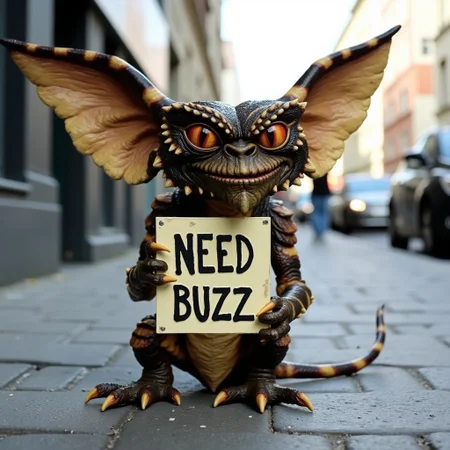 photo realistic, JDGremlin creature, sitting on sidewalk, holding a scene that reads "NEED BUZZ"
<lora:JDGremlin_Flux_v1:1.3>