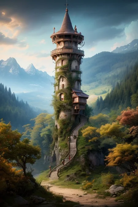 realistic analog photo, award winning photo, vary wide shot of magic stone witow tower:1.3, (Military watchtower), scenery,  fantasy, hills, dirt road, nature, outdoors, RAW, highres, 8k, uhd, High Dynamic Range, tonemapping, crisp details,