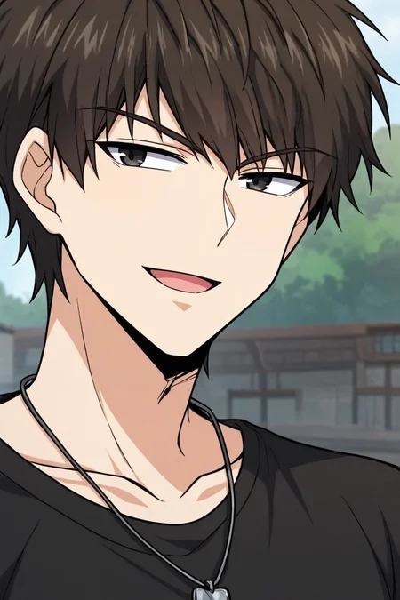 score_9, score_8_up, score_7_up,score_6_up,score_5_up,score_4_up,source_anime,BREAK, rating_safe, intricate details, , anime screencap, anime coloring, official style, depth of field,1boy, solo, male focus,<lora:nie_ting:0.93>,nie ting,dark brown hair,messy black hair,black eyes,short hair,open mouth, shirt,jewelry,collarbone, upper body, male focus,dog tags,necklace,black shirt,looking at viewer,smile , , , <lora:sdxl_lightning_8step_lora_315544:1>