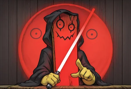 Pl4nk, pl4nk, pokemon (creature), Masterpiece, highest quality, plank, high quality, hands, looking at viewer, sith, hood on top of plank, holding lightsaber, red lightstabber, pointing lightsaber at viewer, (solo:1.2), (no humans:1.4), death star background. Giant red letters say 'Darth Plankious' above him.