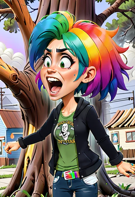 <lora:InfiniteTina:.6> A 40-year-old homeless InfiniteTina woman with rainbow hair screams at a tree.