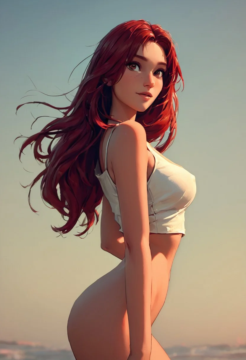 score_9, score_8_up, score_7_up, zaush style art, cinematic lighting, volumetric lighting, depth of field BREAK 1girl, beautiful woman, 22yo, detailed brown eyes, perfect eyes, red hair, fair porcelain skin, lines, wearing a crop top, midriff, cute, long hair, thigh gap,, perfect face, perfect sexy thighs, small perky tits, side view,