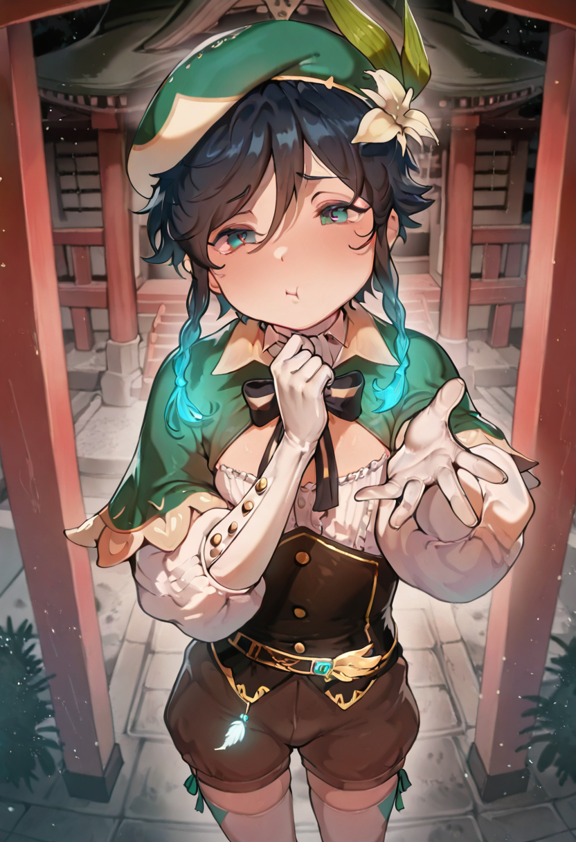 masterpiece, best quality, amazing quality, ultra detailed, solo, 1male, adult, otoko no ko, venti, beret, green shrug, baggy sleeves, brown shorts, gloves, stockings, hand up, reaching towards viewer, legs apart, pout, shrine, particles, intricate details, cowboy shot by3fr0g,  <lora:ByeFrog_Style_IL:1>