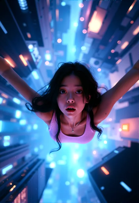 photorealistic photography
girl floating in a futuristic vortex of cityscape elements, dynamic perspective, glowing lights, intricate details, deep blue and purple tones, expressive and awe-struck eyes, ethereal and surreal atmosphere, highly detailed background, complex and immersive scene.
cinematic lighting, extremely intricate detail character, accurate depiction of character, correct body anatomy, correct hands and fingers, extremely intricate skin and facial texture detail, design,lifelike potrayal, extrememly realistic lighting, extreme dynamic pose, sfw, fully clothes, sharp background detail, wide shot