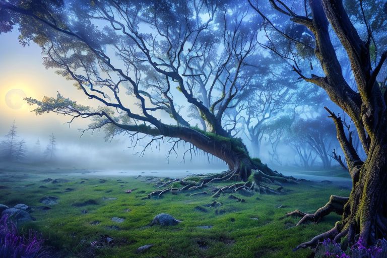 (masterpiece:1.2), (best quality,:1.2), 8k, HDR, ultra detailed, ((photorealistic)), professional light, cinematic lighting, fashion photography, ambient lighting, face lighting, OverallDetail, fhanddetail, ffacedetail, <lora:detail_slider_v4:4.>, a huge dead tree in a clearing in a magical forest, black leaves, spiderwebs, night, darkness, fog, moonlight through the trees, FanFo, <lora:FantasyForest-10:1>, epiCPhoto