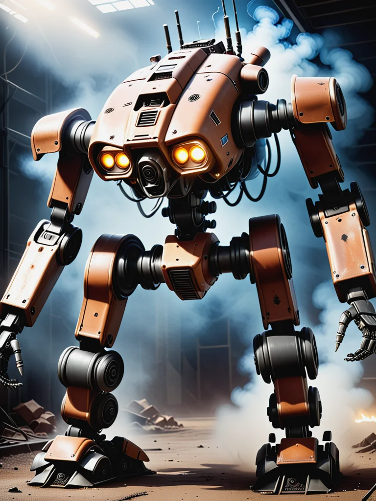 professional studio photo cinematic realism film scene still of a parody mecha walker (robot) close-up, smoke, dust, lightning bolt, hilarious scene . 35mm f1.8 Macro, chiaroscuro, shallow depth of field, vignette, Mise-en-scene, detailed, cinemascope, moody, epic, grit, (rust:0.65), cracks, cracked surface, subtle messy, dust, weary, edges rusty dusty, (surface scratches:1.26), peeled sun bleeched paint, smudges, crumbles, rugged, used backlight, atmospheric, hard rim light, absurdres, hdr, realistic concept art 4K screenshot of advanced nuclear weapon concept art  <lora:MechMaker_v1_e3:1>