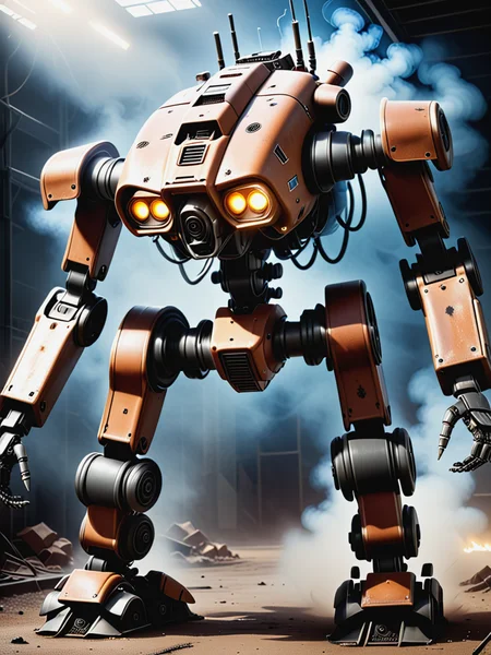 professional studio photo cinematic realism film scene still of a parody mecha walker (robot) close-up, smoke, dust, lightning bolt, hilarious scene . 35mm f1.8 Macro, chiaroscuro, shallow depth of field, vignette, Mise-en-scene, detailed, cinemascope, moody, epic, grit, (rust:0.65), cracks, cracked surface, subtle messy, dust, weary, edges rusty dusty, (surface scratches:1.26), peeled sun bleeched paint, smudges, crumbles, rugged, used backlight, atmospheric, hard rim light, absurdres, hdr, realistic concept art 4K screenshot of advanced nuclear weapon concept art <lora:MechMaker_v1_e3:1>