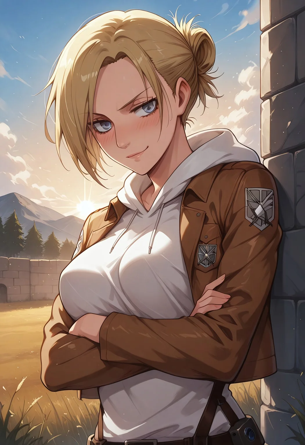 safe_pos, masterpiece, best quality, BREAK, dynamic angle, 1girl, solo, annieaot, blonde hair, short hair, hair bun, paradis military uniform, white hoodie, perky breasts, arms crossed, smirk, blushing, looking at viewer, field, trees, giant stone wall, sunrise, detailed scenery