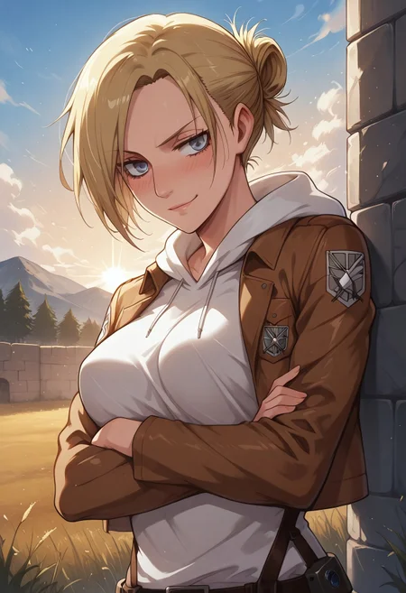 safe_pos, masterpiece, best quality, BREAK, dynamic angle, 1girl, solo, annieaot, blonde hair, short hair, hair bun, paradis military uniform, white hoodie, perky breasts, arms crossed, smirk, blushing, looking at viewer, field, trees, giant stone wall, sunrise, detailed scenery
